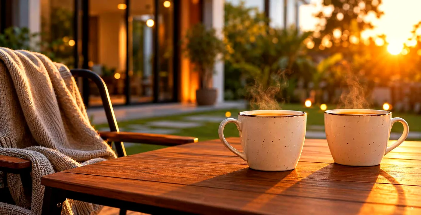 Private deck with tea at sunset (representative image)