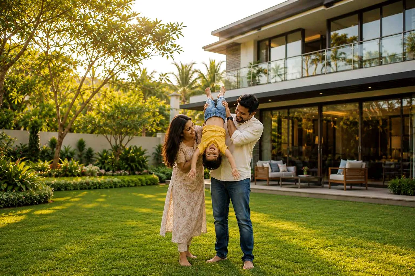 Family on the lawn in front of their villa (representative image)