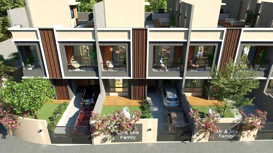 AshokVillas row villas with planted balconies and open front yards (artist's impression)